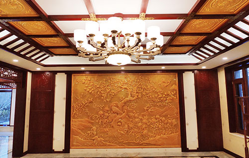 开平中式别墅客厅中式木作横梁吊顶装饰展示